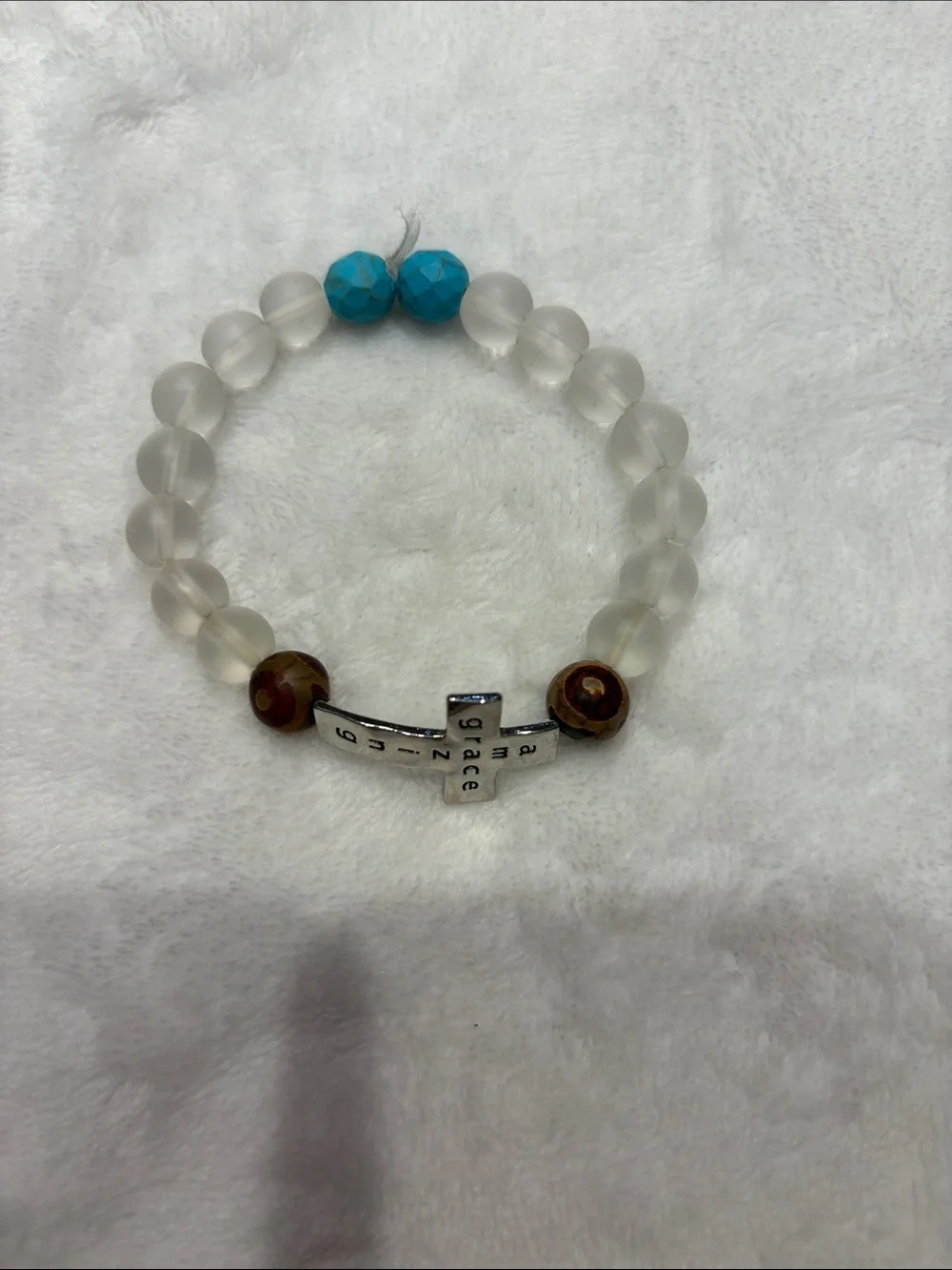 Silver Cross Beaded Stretch Bracelet with Frosted White and Turquoise Accents
